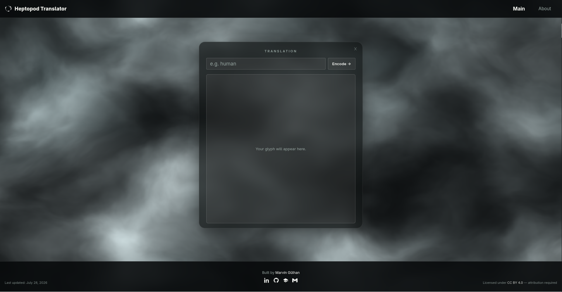 Heptopod Translator web interface showing a generated glyph