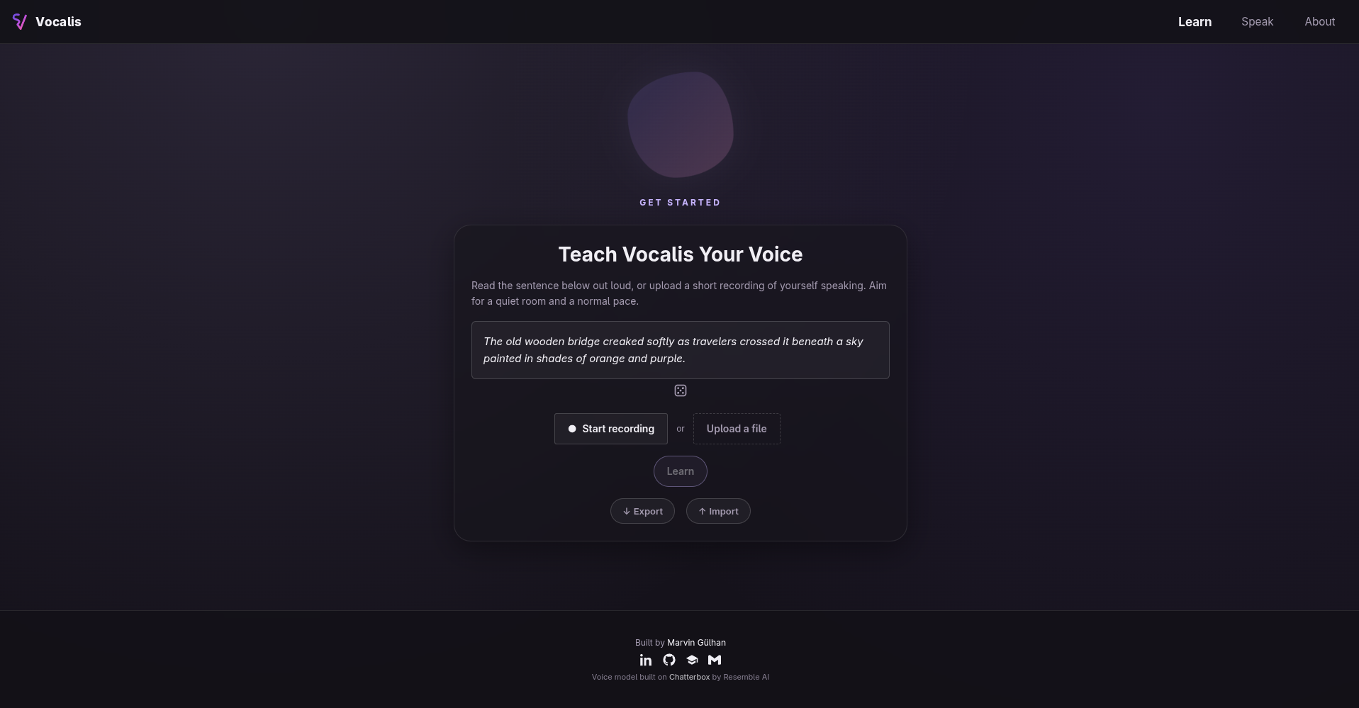 Screenshot of the Vocalis Learn page, with a prompt sentence to read out loud and buttons to record or upload a sample