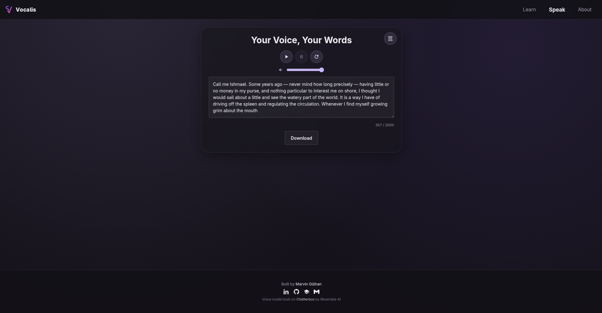 Screenshot of the Vocalis Speak page with a longer passage of text ready to be read back in the cloned voice